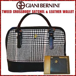 Giani Bernini 2 Piece Set Black White Tweed Crossbody Satchel Leather Wallet NWT